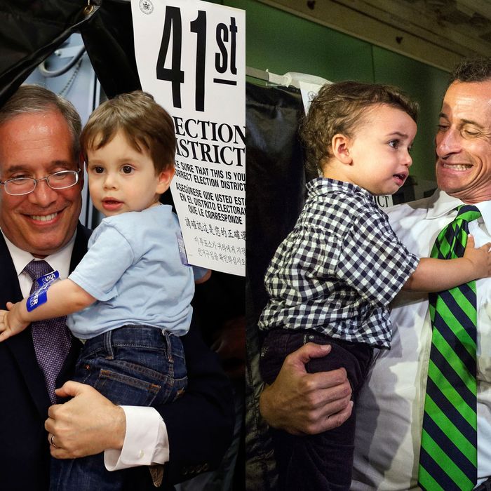 Left: Manhattan Borough President Scott Stringer emerges from a voting booth with his 20-month old son Max after casting his ballot during the primary election, Tuesday, Sept. 10, 2013, in New York. Stringer is running against Ex-Gov. Eliot Spitzer for city comptroller. Right: New York City mayoral hopeful Anthony Weiner exits the voting booth with his son, Jordan Weiner, after voting at his polling station on September 10, 2013 in New York City. Weiner ran into a minor issue while voting this morning: a required signature proving he was Anthony Weiner was not on file at the local polling station. The problem was soon solved by the Board of Elections.