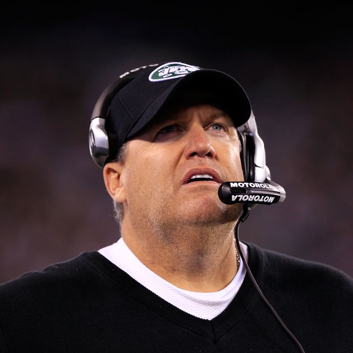 EAST RUTHERFORD, NJ - NOVEMBER 13: head coach Rex Ryan of the New York Jets looks on during their game against the New England Patriots at MetLife Stadium on November 13, 2011 in East Rutherford, New Jersey. (Photo by Chris Trotman/Getty Images)