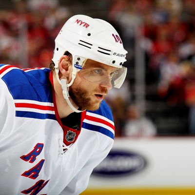 Marian Gaborik #10 of the New York Rangers looks on in Game Four of the Eastern Conference Final during the 2012 NHL Stanley Cup Playoffs at the Prudential Center on May 21, 2012 in Newark, New Jersey.