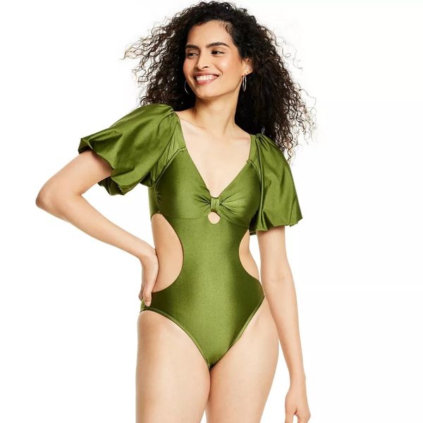 Fe Noel x Target Women's Metallic Puff Sleeve Cut Out Medium Coverage One Piece Swimsuit