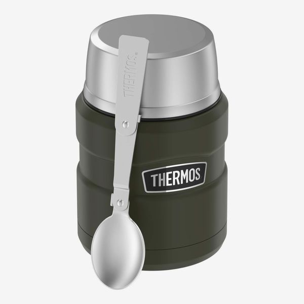 A black stainless steel jar for keeping food warm or cold. It comes with a folding spoon. The Strategist - There’s a Bunch of Thermoses on Sale at Amazon