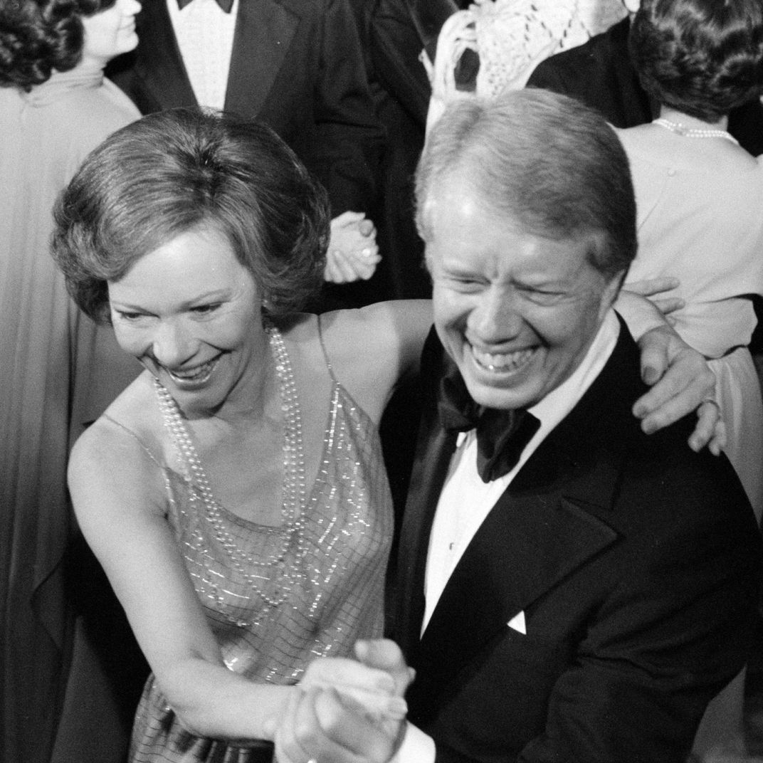 President Jimmy Carter and First Lady Rosalynn Carter dancing.