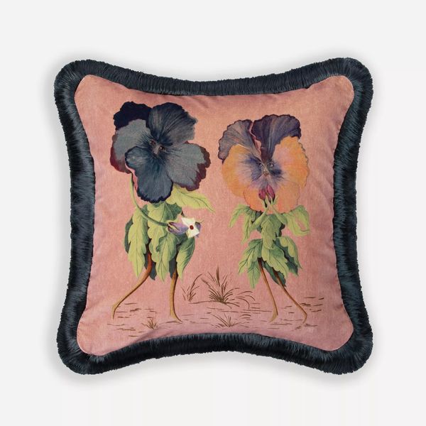 House of Hackney Amatoria Pansies Medium Cotton Velvet Fringed Cushion