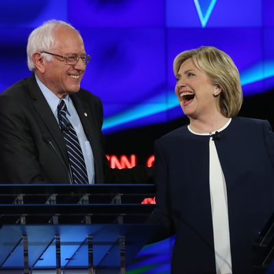 Bernie Sanders and Hillary Clinton at the presidential debate on October 13, 2015 in Las Vegas, Nevada. 