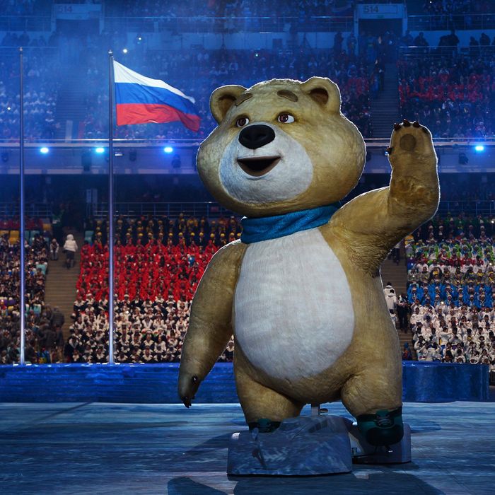 SOCHI, RUSSIA - FEBRUARY 07: Olympic mascots the Polar Bear waves during the Opening Ceremony of the Sochi 2014 Winter Olympics at Fisht Olympic Stadium on February 7, 2014 in Sochi, Russia. (Photo by Pascal Le Segretain/Getty Images)