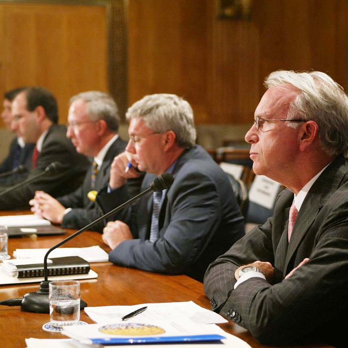 Third panel at the U. S. Senate Committee on Governmental Affairs subcommittee on Financial Management, the Budget, and International Security on April 20, 2004 in the Dirksen Senate Office Building. (left to right: Jack T. Ciesielski, president, R.G. Associates, Damon Silvers, Associate General Counsel, the American Federation of Labor, Donald P. Delves, President,The Delves Group, Mark Heesen, President, Venture Capital Association, James K. Glassman, Resident Fellow, American Enterprise Institute. 