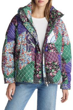 Avec Les Filles Patchwork Quilted Hooded Puffer Coat