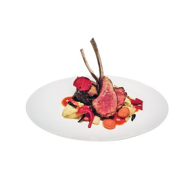 Lamb, rack grilled, shank braised, housemade ricotta gnocchi, sweet piquillo peppers, and black olive.