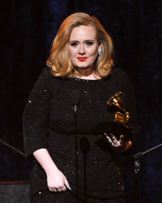 LOS ANGELES, CA - FEBRUARY 12: Singer Adele accepts the Best Pop Solo Performance Aweard for 