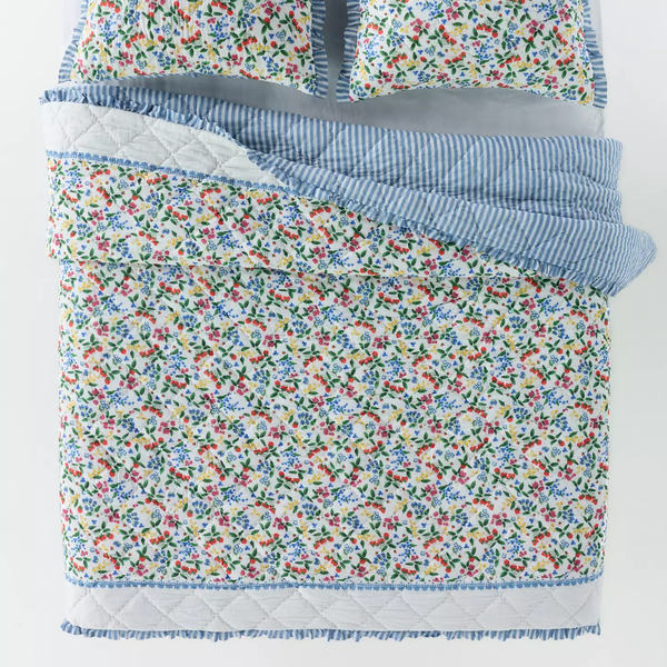 Anthropologie Cotton Voile Floral Printed Ruffle Quilt - Queen