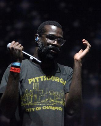 Musician Tunde Adebimpe of the band TV on the Radio performs onstage at the Carrie Stage during Day 1 of FYF Fest 2013 at Los Angeles State Historic Park on August 24, 2013 in Los Angeles, California. 