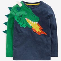 Mini Boden Fun Appliqué T-Shirt - Blue Marl Dragon Fire