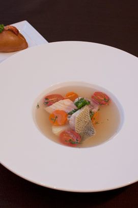 Sturgeon, salmon, pike in consommé