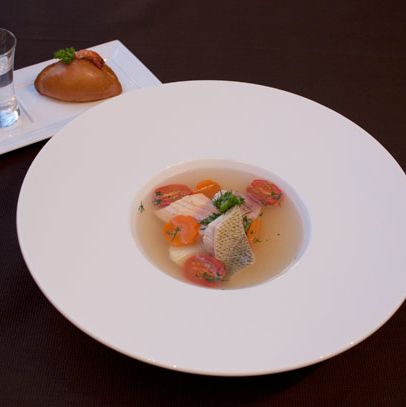 Sturgeon, salmon, pike in consommé