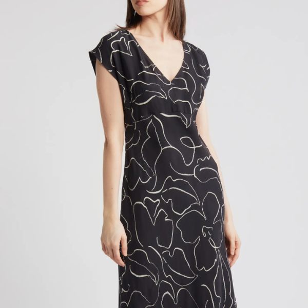 Madewell Floral Print V-Neck Cupro Blend Midi Dress