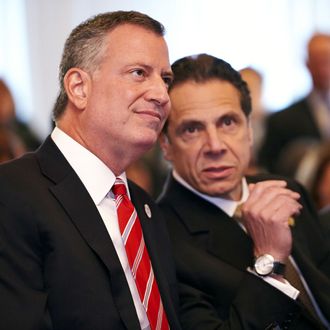 New York City Mayor Bill de Blasio, left, and New York State Governor Andrew Cuomo at a news conference for the reopening of the NYU Langone Medical Center Emergency Department on Thursday, Apr. 24, 2014 in New York, N.Y. The emergency department was closed after Hurricane Sandy struck in October 2012 and has now reopened as the Ronald O. Perelman Center for Emergency Services (Perelman Emergency Center). (Photo By: James Keivom/NY Daily News via Getty Images)