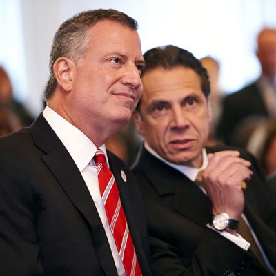 New York City Mayor Bill de Blasio, left, and New York State Governor Andrew Cuomo at a news conference for the reopening of the NYU Langone Medical Center Emergency Department on Thursday, Apr. 24, 2014 in New York, N.Y. The emergency department was closed after Hurricane Sandy struck in October 2012 and has now reopened as the Ronald O. Perelman Center for Emergency Services (Perelman Emergency Center). (Photo By: James Keivom/NY Daily News via Getty Images)