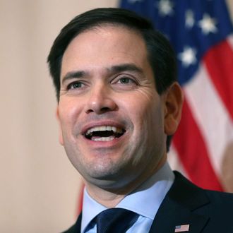 Sen. Marco Rubio (R-FL) speaks to the media during a press conference at the Temple Beth El to discuss his commitment to stand with Israel on March 11, 2016 in West Palm Beach, Florida.