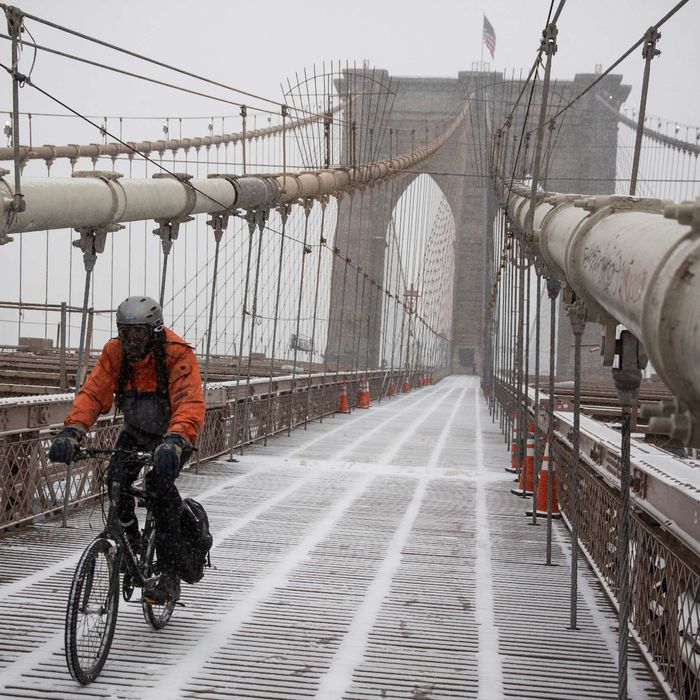NEW YORK, NY - JANUARY 21: A man rides his bike across the Brooklyn Bridge during a snow storm that is moving through the Northeast on January 21, 2014 in New York City. Along with dropping arctic tempertures the storm is expected to bring three to five inches by nightfall, with another four to six inches falling overnight. (Photo by Andrew Burton/Getty Images)