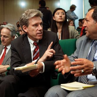 FILE - In this Monday, April 11, 2011 file photo, U.S. envoy Chris Stevens, center, accompanied by British envoy Christopher Prentice, left, speaks to Council member for Misrata Dr. Suleiman Fortia, right, at the Tibesty Hotel where an African Union delegation was meeting with opposition leaders in Benghazi, Libya. Libyan officials say the U.S. ambassador and three other Americans have been killed in an attack on the U.S. consulate in the eastern city of Benghazi by protesters angry over a film that ridiculed Islam's Prophet Muhammad. The officials say Ambassador Chris Stevens was killed Tuesday night when he and a group of embassy employees went to the consulate to try to evacuate staff. The protesters were firing gunshots and rocket propelled grenades. (AP Photo/Ben Curtis, File)