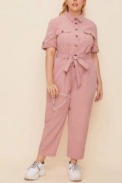 SHEIN Plus Collared Roll Up Sleeve Buttoned Pocket Front Jumpsuit