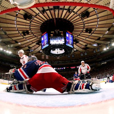 Henrik Lundqvist #30 of the New York Rangers tends goal against the Washington Capitals