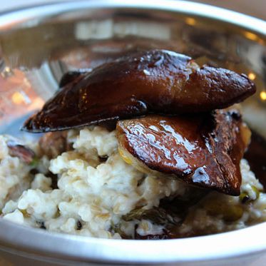 Dessert: oatmeal with fruit, nuts, maple syrup, and foie gras.