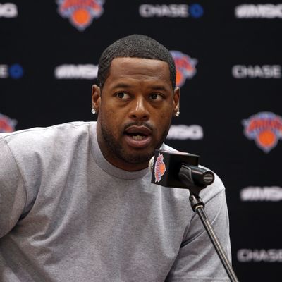 Marcus Camby of the New York Knicks is introduced during a press conference on July 12, 2012 at the MSG Training Facility in Tarrytown, New York. 