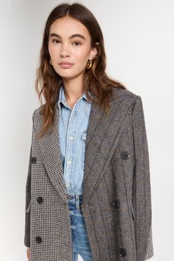 Avec Les Filles Mixed Plaid Double Breasted Blazer