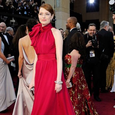 We hate to think that no one realized how similar Stone's dress is to the Balenciaga Nicole Kidman wore in 2007, so we decided that she wore it as a shout-out to another famous Hollywood redhead. The bad news is, it didn't really work on either woman. Wearing a bow bigger than your face is rarely a good idea — especially when you have such a good face.