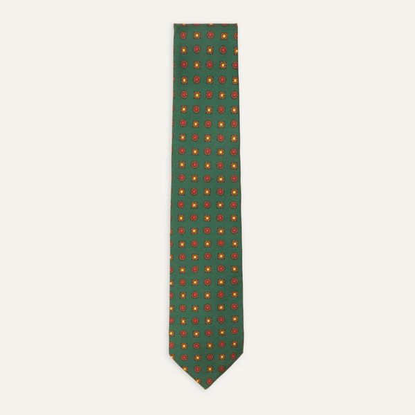 Drake's Green and Red Geometric Medallion Print Madder Twill Silk Tie