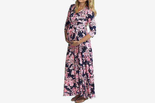 PinkBlush Maternity Pink Floral Draped Maternity/Nursing Maxi Dress