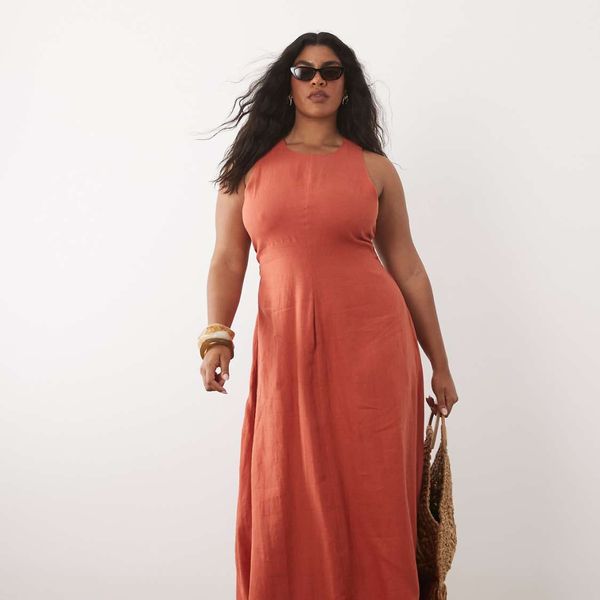 Asos Design Curve Linen Waisted Maxi Dress