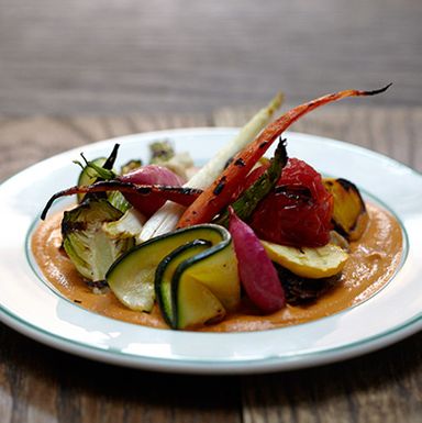 Grilled eggplant, zucchini, asparagus, cherry tomatoes, baby onions, baby carrots, scallions, and romesco