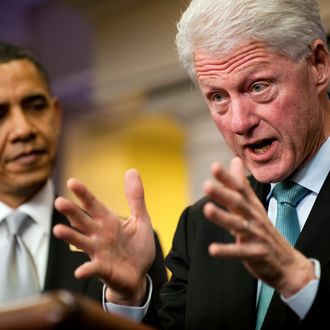 Former President Bill Clinton (R) speaks with US President Barack Obama (L) in the White House Briefing Room in Washington, DC, December 10, 2010, after a private meeting in the Oval Office. AFP PHOTO/Jim WATSON (Photo credit should read JIM WATSON/AFP/Getty Images)