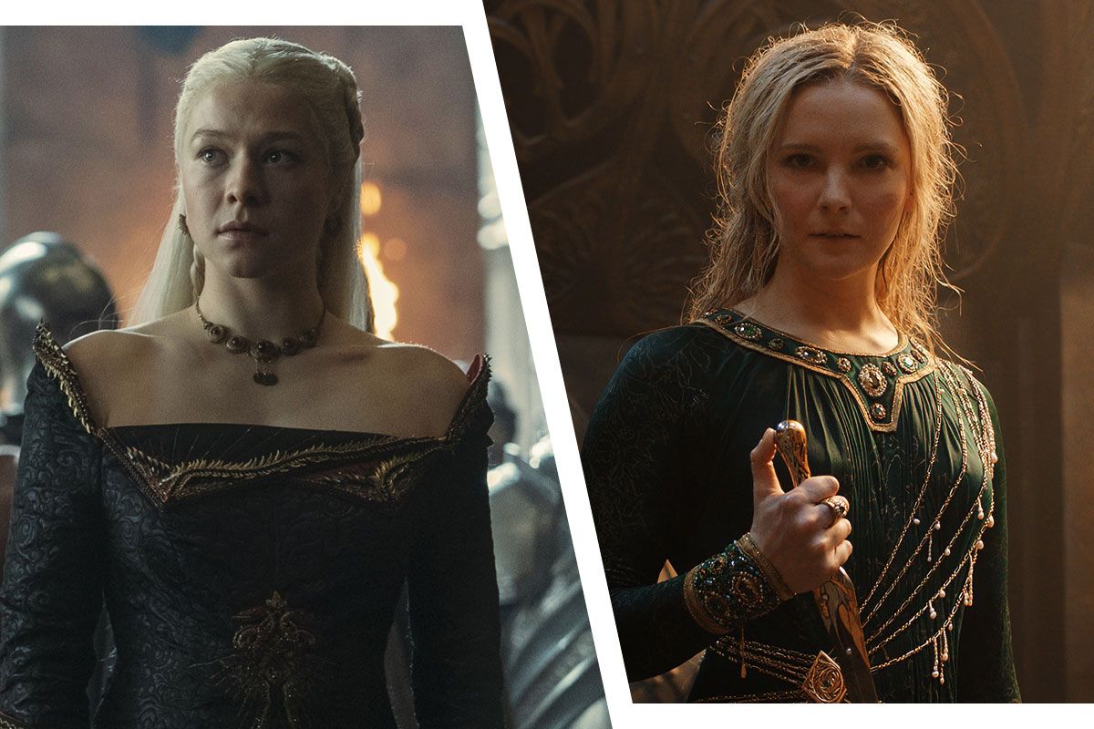 From left: House of the Dragon’s Rhaenyra Targaryen (Emma D’Arcy); The Lord of the Rings: The Rings of Power’s Galadriel (Morfydd Clark)