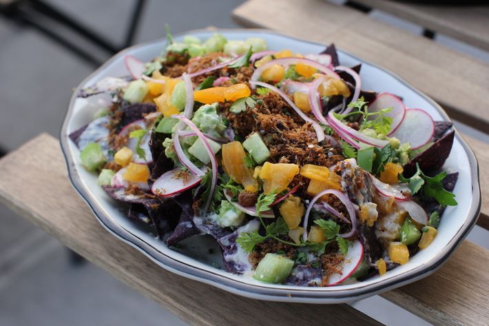 Nachos with manzano chile, scallion, and pork floss.