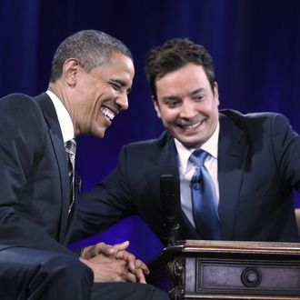 CHAPEL HILL, NC - APRIL 24: U.S. President Barack Obama speaks with host Jimmy Fallon during an appearance on Late Night with Jimmy Fallon at Memorial Hall on the UNC campus on April 24, 2012 in Chapel Hill, North Carolina. Obama made an earlier appearance on the campus as part of a effort to get Congress to prevent interest rates on student loans from doubling in July. (Photo by Chuck Liddy-Pool/Getty Images)