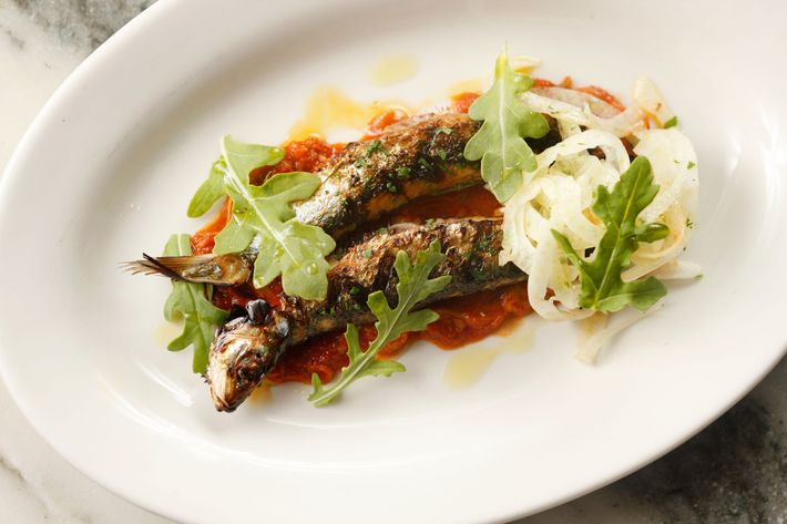 Sardines with tripe, tomato, olives, and fennel.