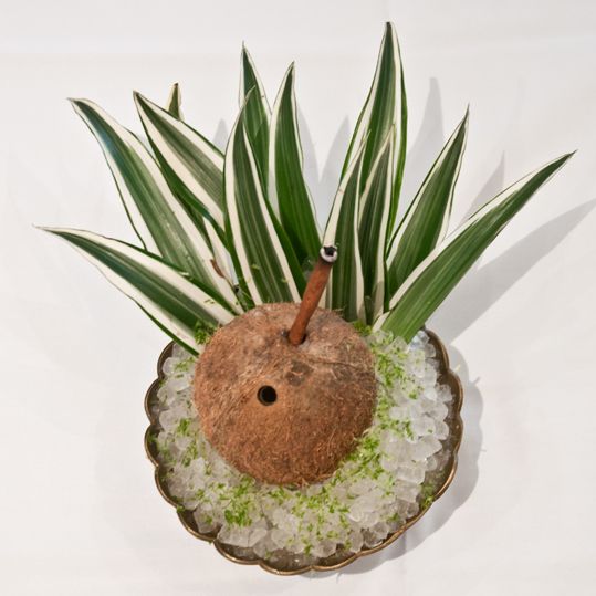 安古斯图拉1824朗姆酒，新鲜椰子奶油，金合欢蜂蜜和青柠汁，搭配冷冻椰子。