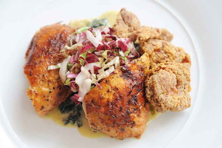 Roasted and fried chicken, kale, and radicchio.