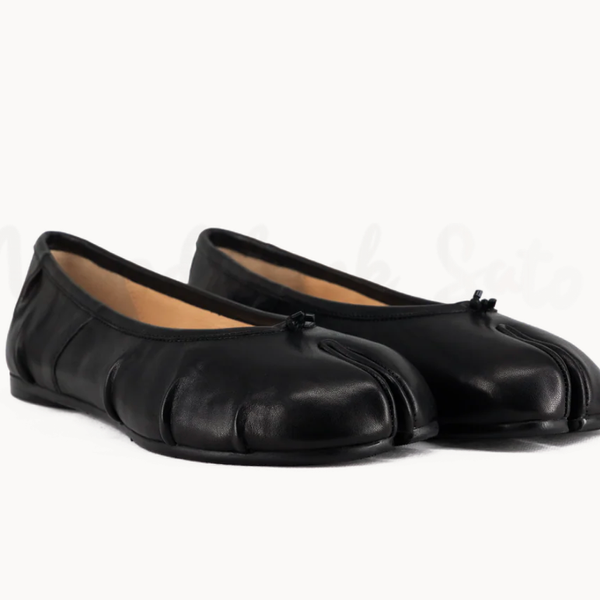 WoodchuckSato Black Leather Split-Toe Tabi Fold Ballerina Ballet Flats