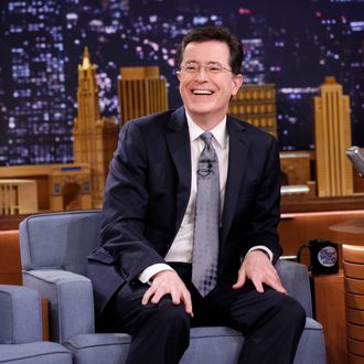 THE TONIGHT SHOW STARRING JIMMY FALLON -- Episode 0015 -- Pictured: Talk show host Stephen Colbert on March 7, 2014 -- (Photo by: Lloyd Bishop/NBC/NBCU Photo Bank)