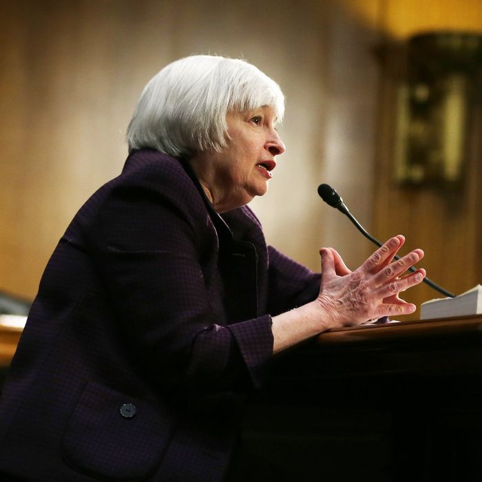 WASHINGTON, DC - FEBRUARY 24: Federal Reserve Board Chair Janet Yellen testifies during a hearing before the Senate Banking, Housing and Urban Affairs Committee February 24, 2015 on Capitol Hill in Washington, DC. Yellen gave the Federal Reserve semiannual monetary policy report to the Congress. (Photo by Alex Wong/Getty Images)