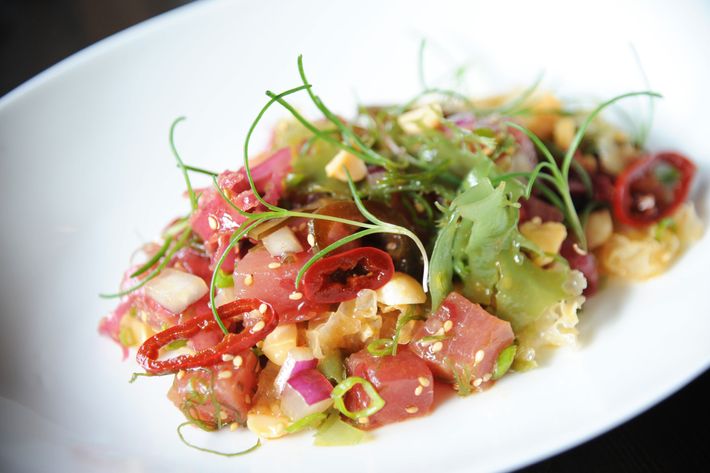 Noreetuh&#8217;s big-eye tuna poke, macadamia nuts, pickled jalapeño, and seaweed.