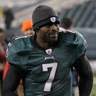 Michael Vick #7 of the Philadelphia Eagles jogs off the field following the Eagles 45-19 win over the New York Jets at Lincoln Financial Field on December 18, 2011 in Philadelphia, Pennsylvania.
