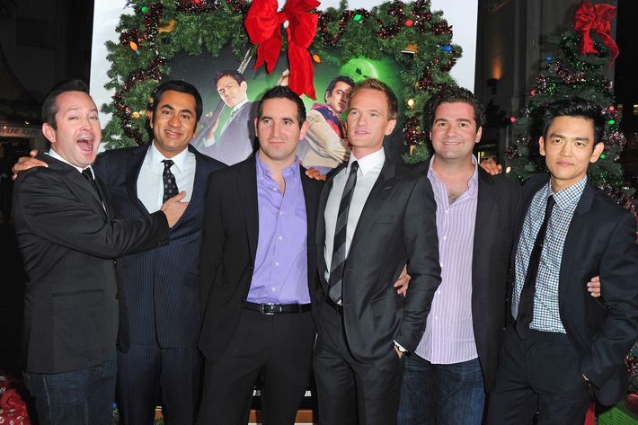 HOLLYWOOD, CA - NOVEMBER 02:  Actor Tom Lennon, actor Kal Penn, writer Hayden Schlossberg, actor Neil Patrick Harris, writer Jon Hurwitz and actor John Cho arrive to the premiere of New Line Cinema's "A Very Harold & Kumar 3D Christmas" at Grauman's Chinese Theatre on November 2, 2011 in Hollywood, California.  (Photo by Alberto E. Rodriguez/Getty Images)