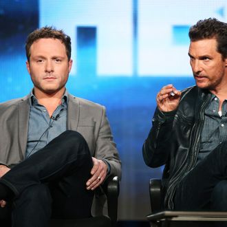 Executive Producer/Writer Nic Pizzolatto and actor Matthew McConaughey speak onstage during the 'True Detective' panel discussion at the HBO portion of the 2014 Winter Television Critics Association tour at the Langham Hotel on January 9, 2014 in Pasadena, California. 