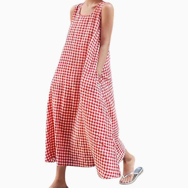 Chouyatou Loose-Fit Cotton and Linen Plaid Tank Maxi Dress