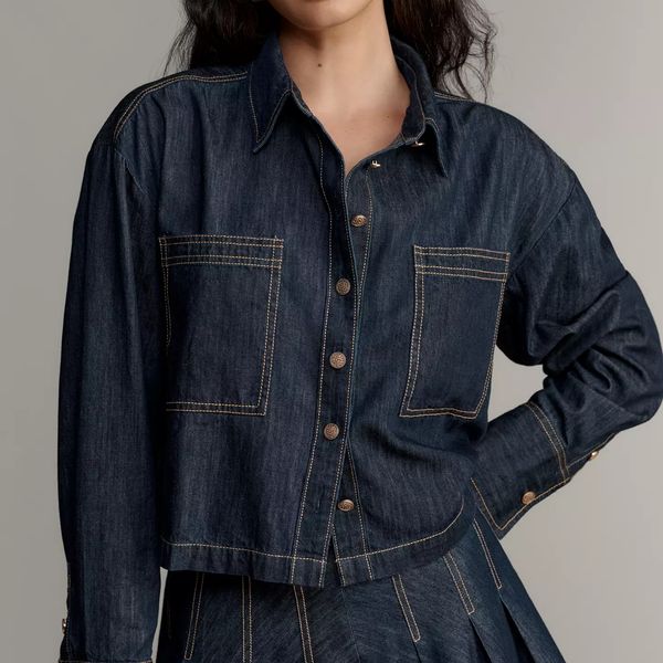 Maeve Long-Sleeve Crop Denim Buttondown Shirt